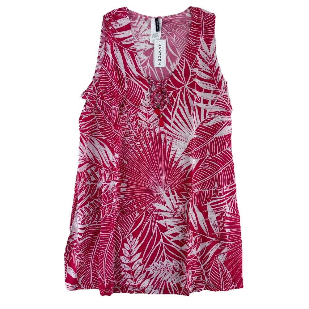 Jantzen Sleeveless Lace Up Woven Cover Up Dress Size Large Watermelon Leaf Red